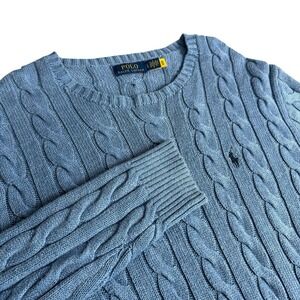 Polo Ralph Lauren Men's Cable-Knit Crew Cotton Sweater Blue Pony Preppy